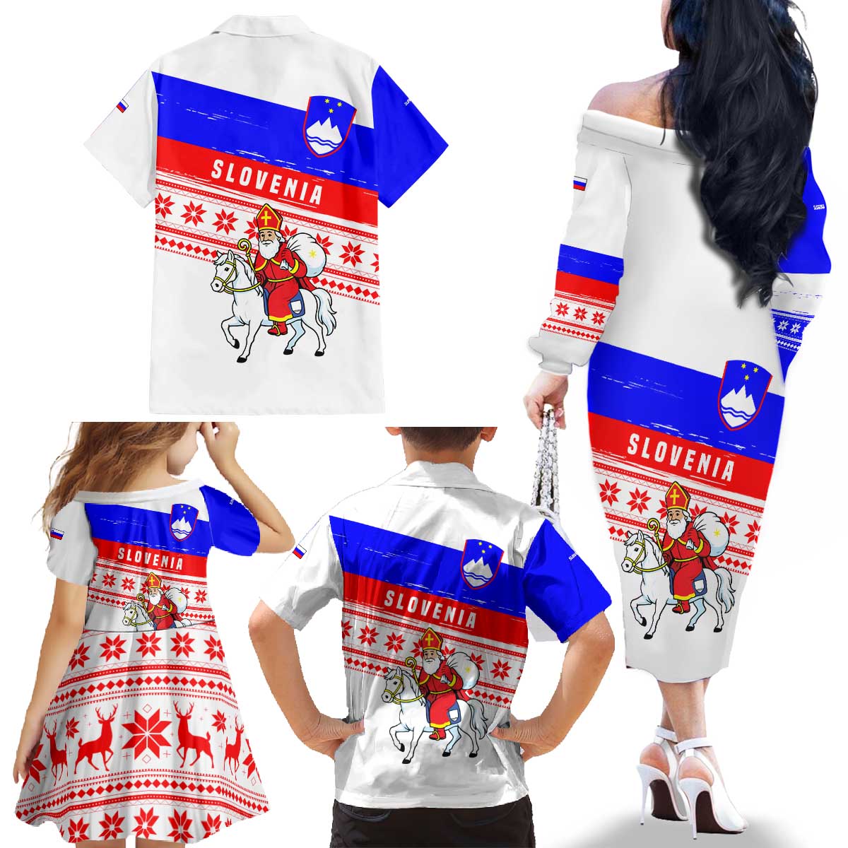Slovenia Christmas Family Matching Off The Shoulder Long Sleeve Dress and Hawaiian Shirt with Saint Nicholas White Horse Snowflake Pattern and National Flag Design - Wonder Print Shop
