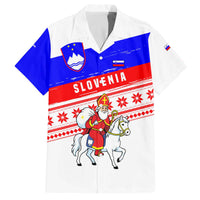 Slovenia Christmas Family Matching Off The Shoulder Long Sleeve Dress and Hawaiian Shirt with Saint Nicholas White Horse Snowflake Pattern and National Flag Design - Wonder Print Shop