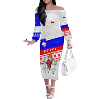 Slovenia Christmas Family Matching Off The Shoulder Long Sleeve Dress and Hawaiian Shirt with Saint Nicholas White Horse Snowflake Pattern and National Flag Design - Wonder Print Shop