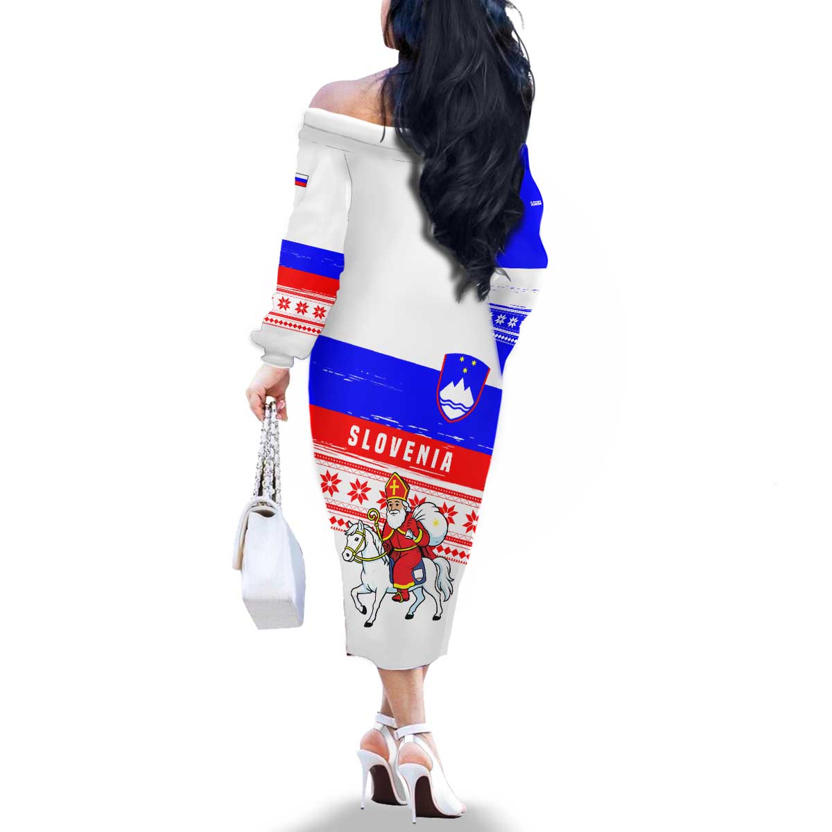 Slovenia Christmas Family Matching Off The Shoulder Long Sleeve Dress and Hawaiian Shirt with Saint Nicholas White Horse Snowflake Pattern and National Flag Design - Wonder Print Shop
