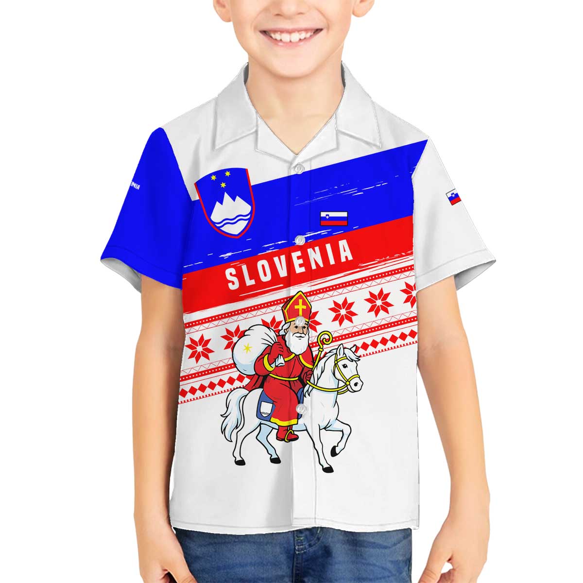 Slovenia Christmas Family Matching Off The Shoulder Long Sleeve Dress and Hawaiian Shirt with Saint Nicholas White Horse Snowflake Pattern and National Flag Design - Wonder Print Shop