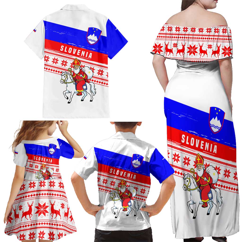 Slovenia Christmas Family Matching Off Shoulder Maxi Dress and Hawaiian Shirt with Saint Nicholas White Horse Snowflake Pattern and National Flag Design - Wonder Print Shop