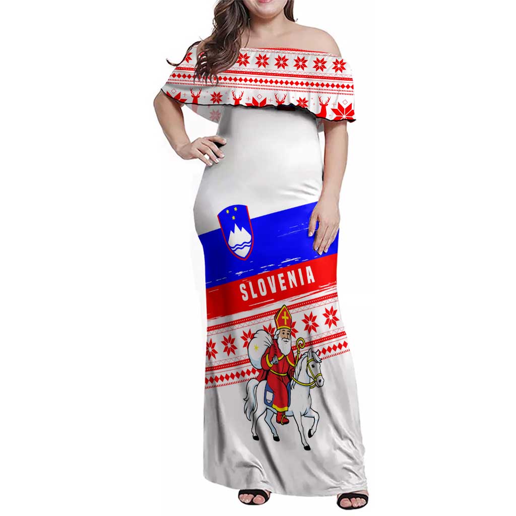 Slovenia Christmas Family Matching Off Shoulder Maxi Dress and Hawaiian Shirt with Saint Nicholas White Horse Snowflake Pattern and National Flag Design - Wonder Print Shop