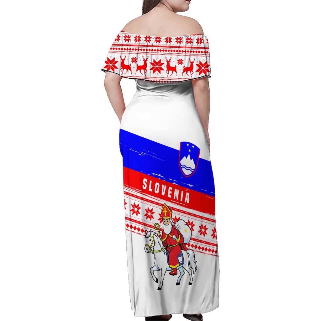 Slovenia Christmas Family Matching Off Shoulder Maxi Dress and Hawaiian Shirt with Saint Nicholas White Horse Snowflake Pattern and National Flag Design - Wonder Print Shop