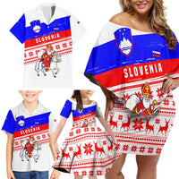 Slovenia Christmas Family Matching Off Shoulder Short Dress and Hawaiian Shirt with Saint Nicholas White Horse Snowflake Pattern and National Flag Design - Wonder Print Shop