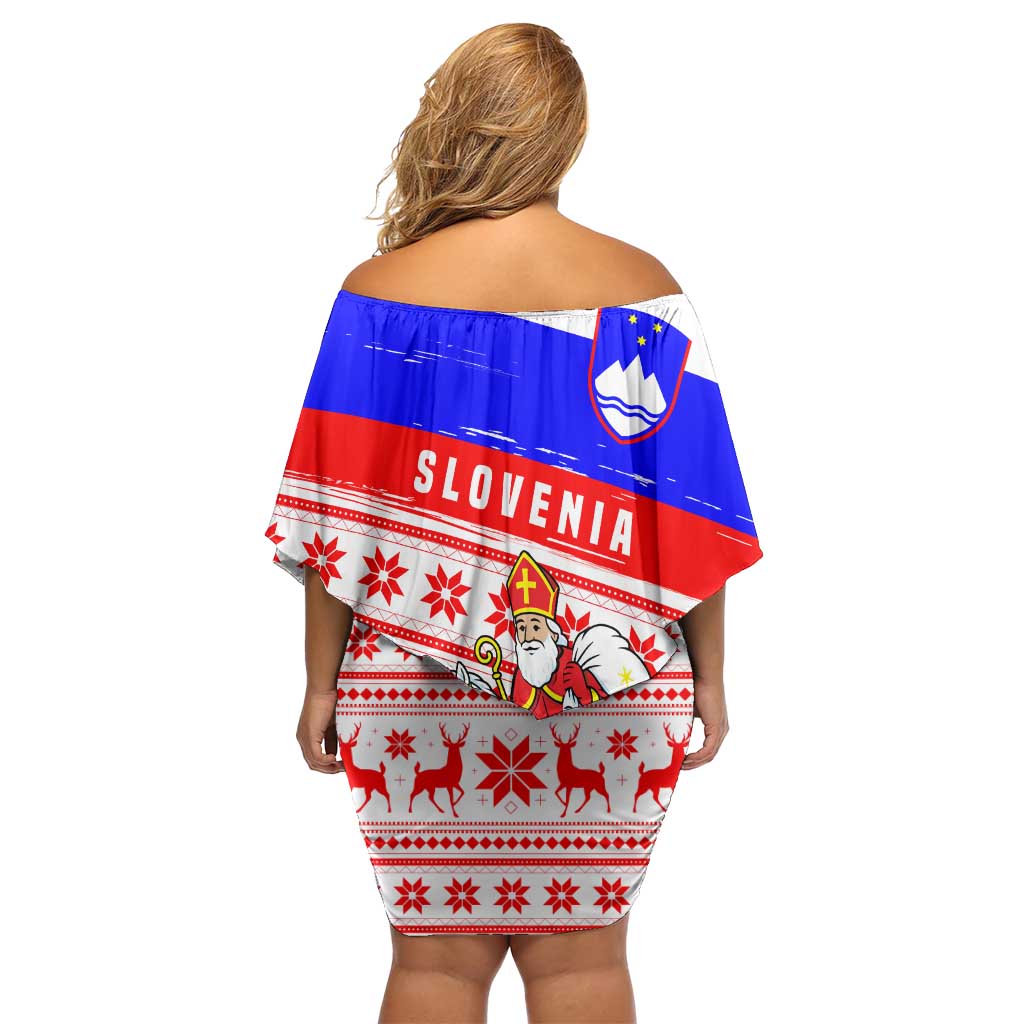 Slovenia Christmas Family Matching Off Shoulder Short Dress and Hawaiian Shirt with Saint Nicholas White Horse Snowflake Pattern and National Flag Design - Wonder Print Shop