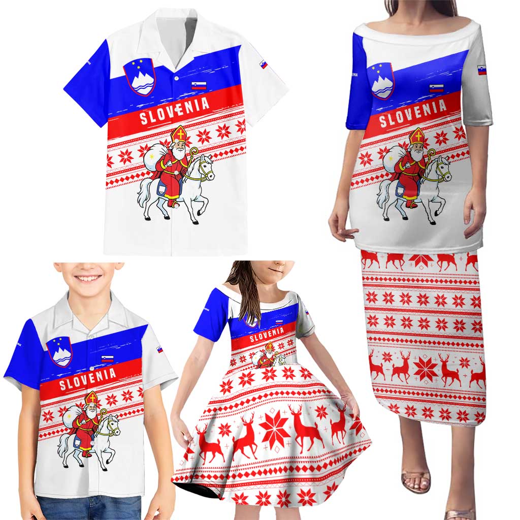 Slovenia Christmas Family Matching Puletasi and Hawaiian Shirt with Saint Nicholas White Horse Snowflake Pattern and National Flag Design - Wonder Print Shop