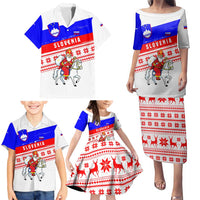 Slovenia Christmas Family Matching Puletasi and Hawaiian Shirt with Saint Nicholas White Horse Snowflake Pattern and National Flag Design - Wonder Print Shop