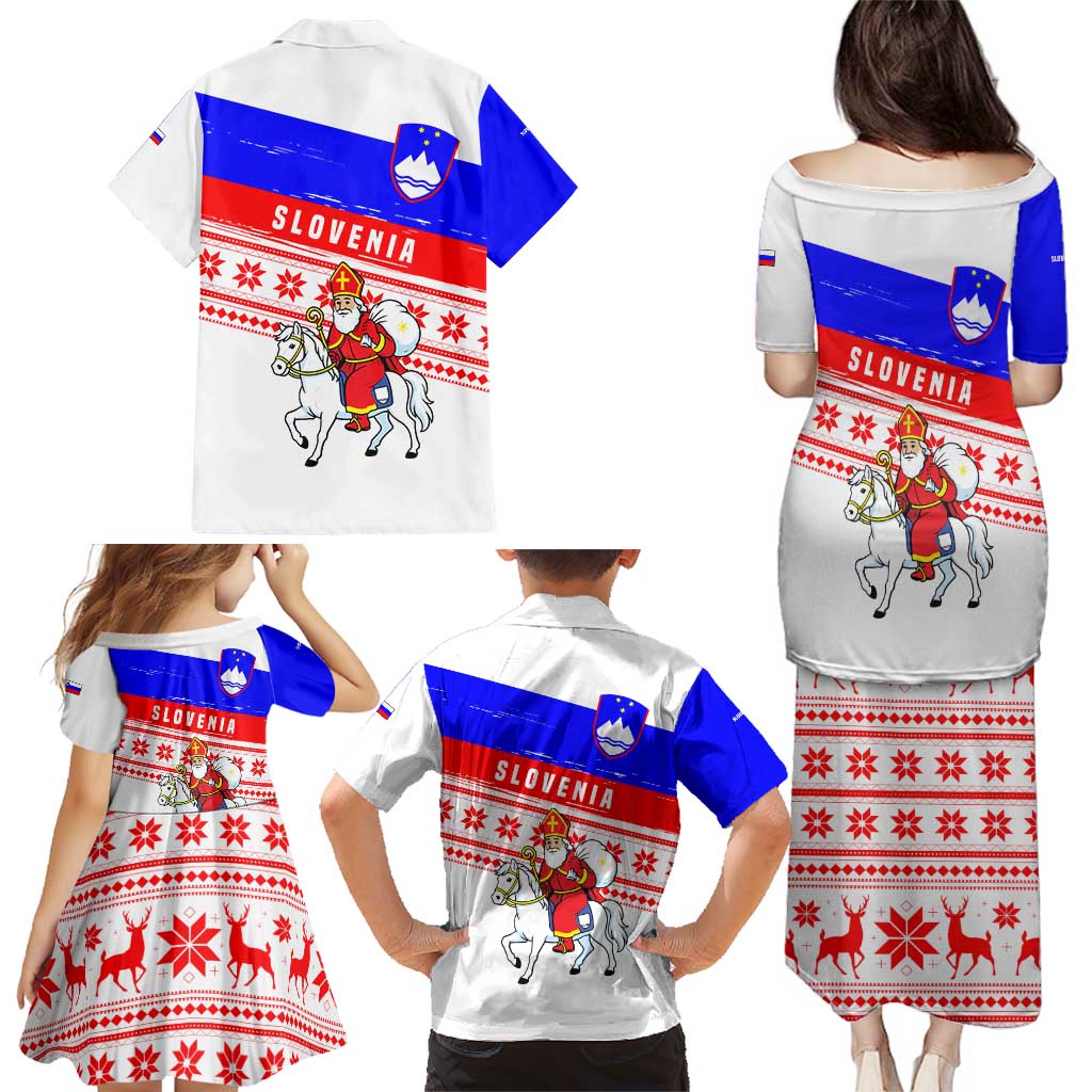 Slovenia Christmas Family Matching Puletasi and Hawaiian Shirt with Saint Nicholas White Horse Snowflake Pattern and National Flag Design - Wonder Print Shop