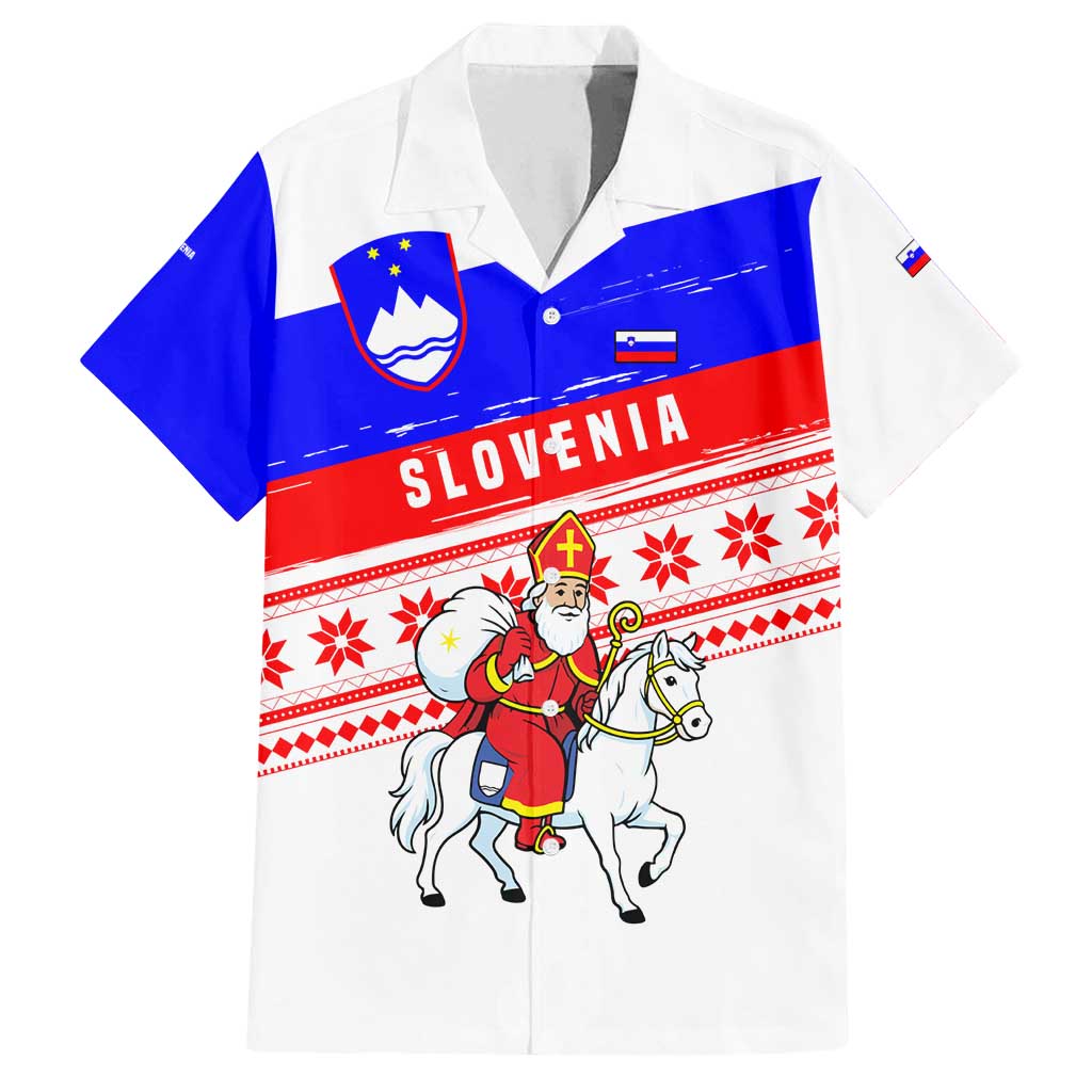 Slovenia Christmas Family Matching Puletasi and Hawaiian Shirt with Saint Nicholas White Horse Snowflake Pattern and National Flag Design - Wonder Print Shop