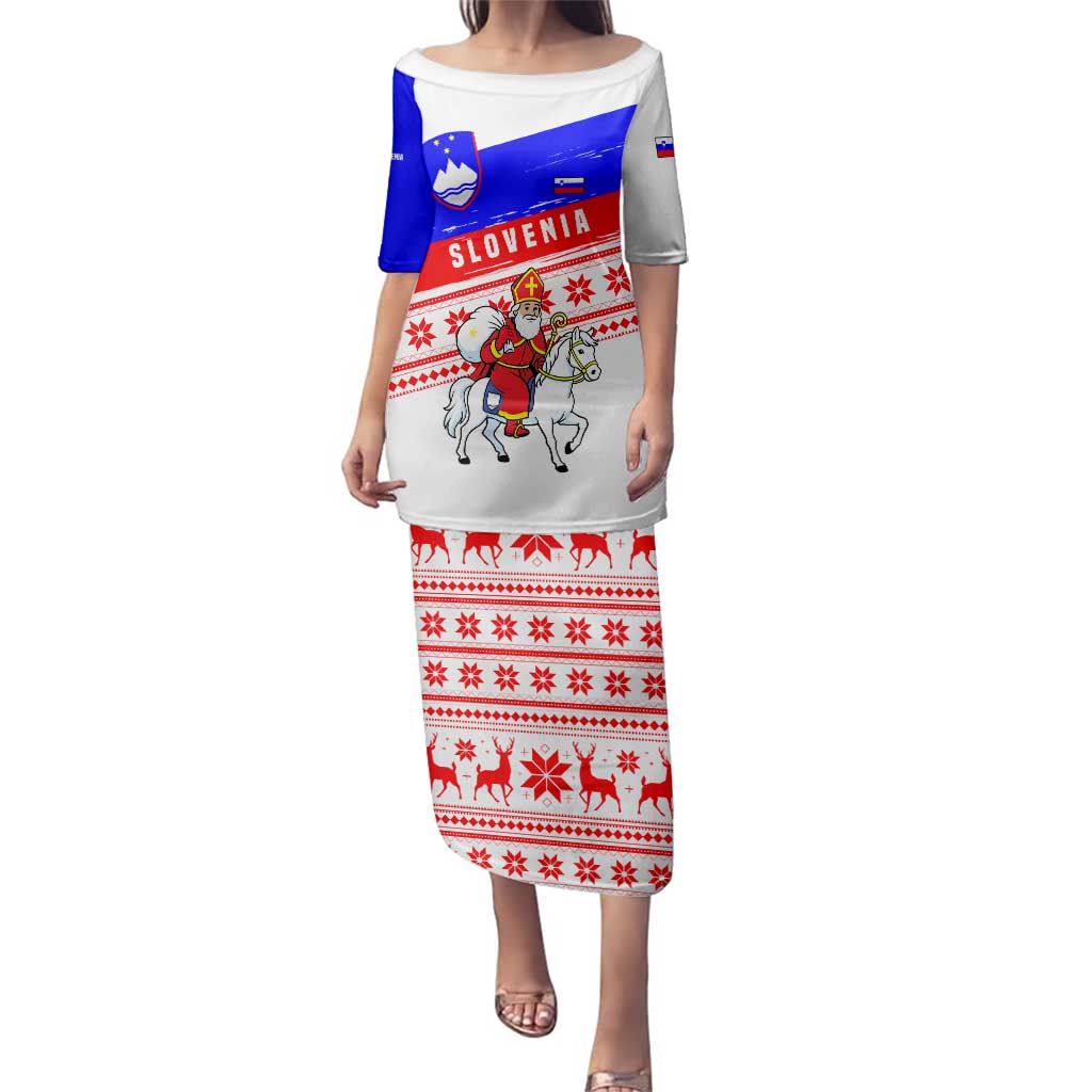 Slovenia Christmas Family Matching Puletasi and Hawaiian Shirt with Saint Nicholas White Horse Snowflake Pattern and National Flag Design - Wonder Print Shop