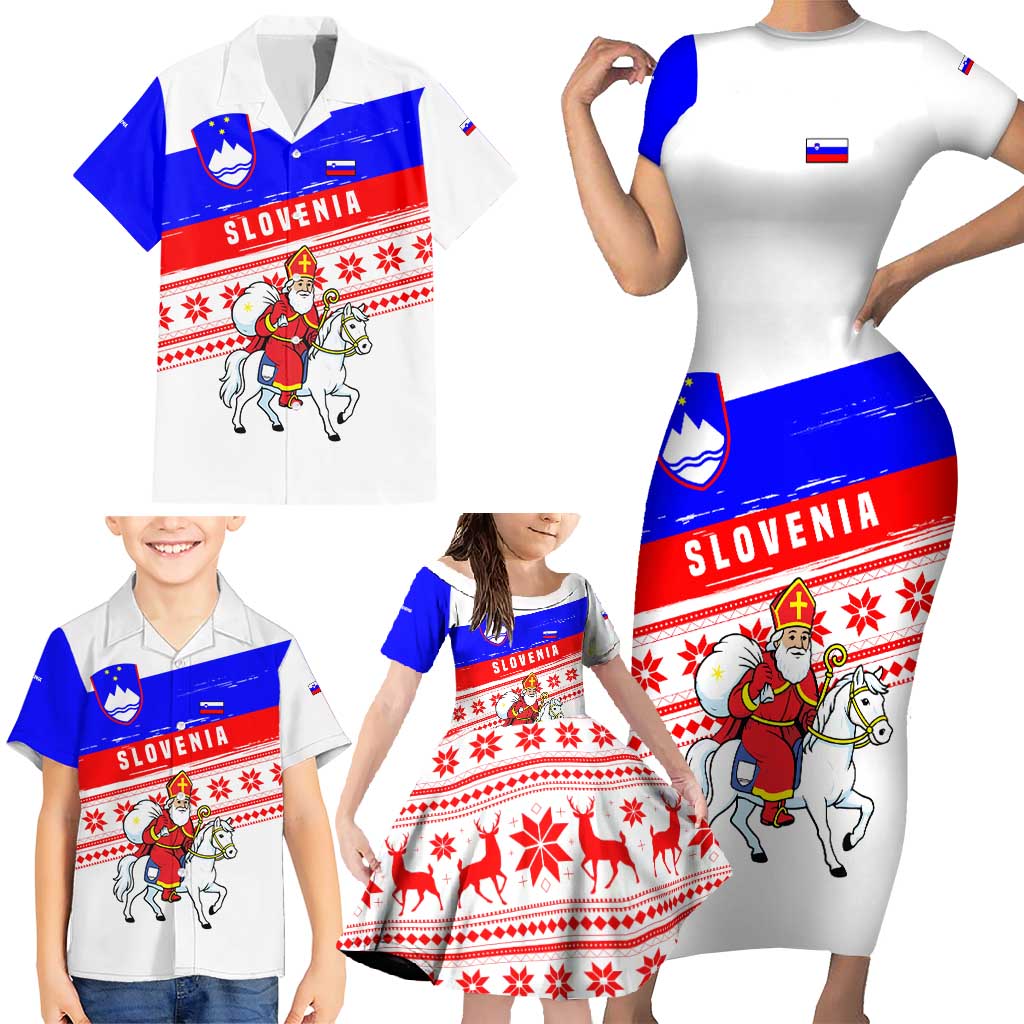 Slovenia Christmas Family Matching Short Sleeve Bodycon Dress and Hawaiian Shirt with Saint Nicholas White Horse Snowflake Pattern and National Flag Design - Wonder Print Shop