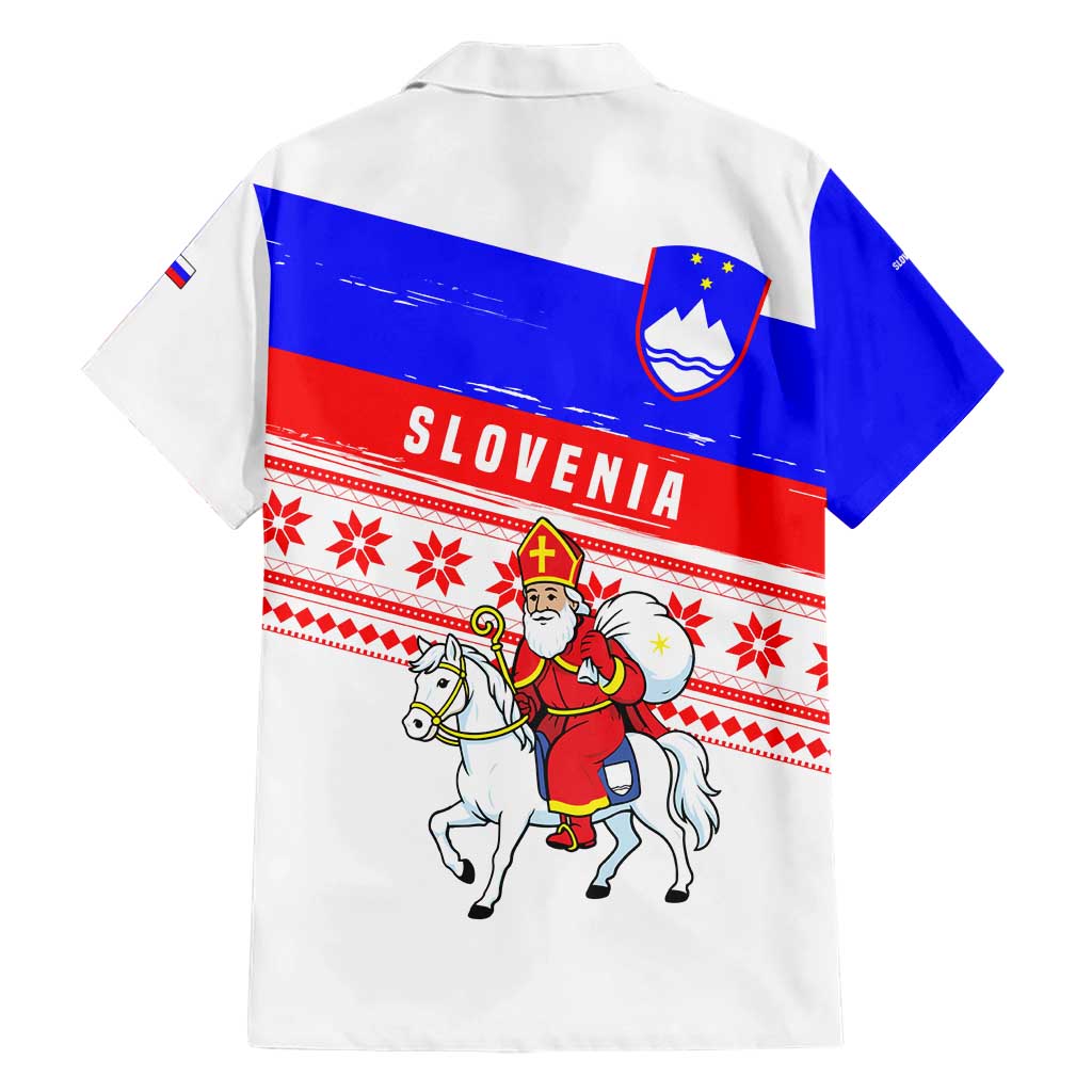 Slovenia Christmas Family Matching Short Sleeve Bodycon Dress and Hawaiian Shirt with Saint Nicholas White Horse Snowflake Pattern and National Flag Design - Wonder Print Shop
