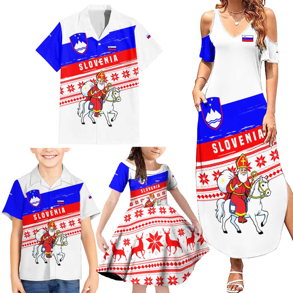 Slovenia Christmas Family Matching Summer Maxi Dress and Hawaiian Shirt with Saint Nicholas White Horse Snowflake Pattern and National Flag Design - Wonder Print Shop