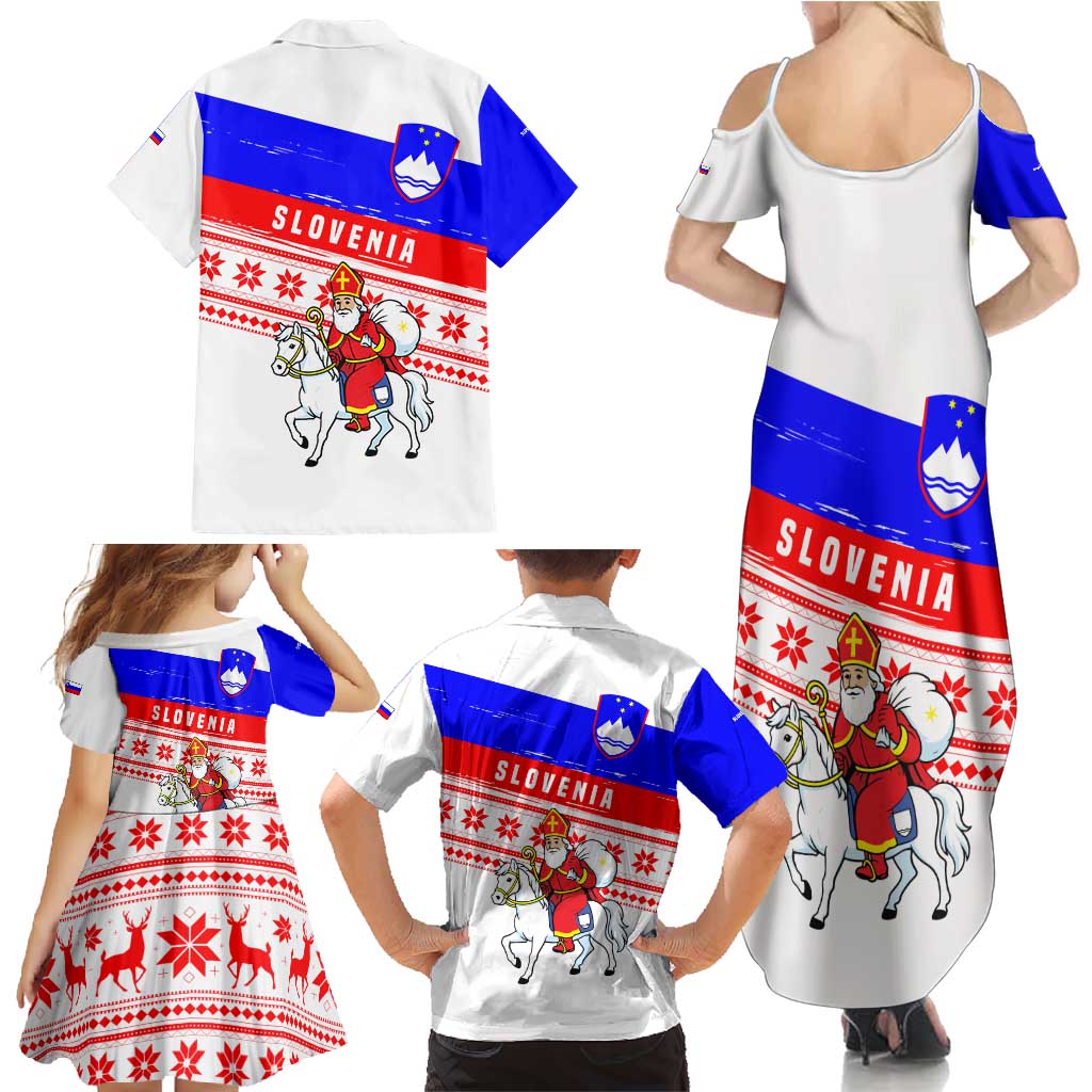 Slovenia Christmas Family Matching Summer Maxi Dress and Hawaiian Shirt with Saint Nicholas White Horse Snowflake Pattern and National Flag Design - Wonder Print Shop