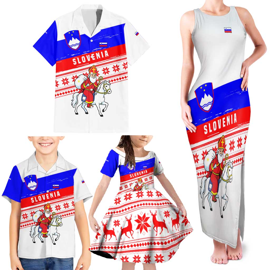 Slovenia Christmas Family Matching Tank Maxi Dress and Hawaiian Shirt with Saint Nicholas White Horse Snowflake Pattern and National Flag Design - Wonder Print Shop