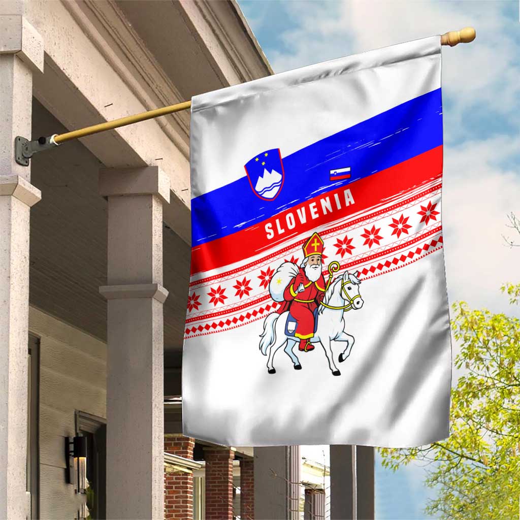 Slovenia Christmas Garden Flag with Saint Nicholas White Horse Snowflake Pattern and National Flag Design - Wonder Print Shop