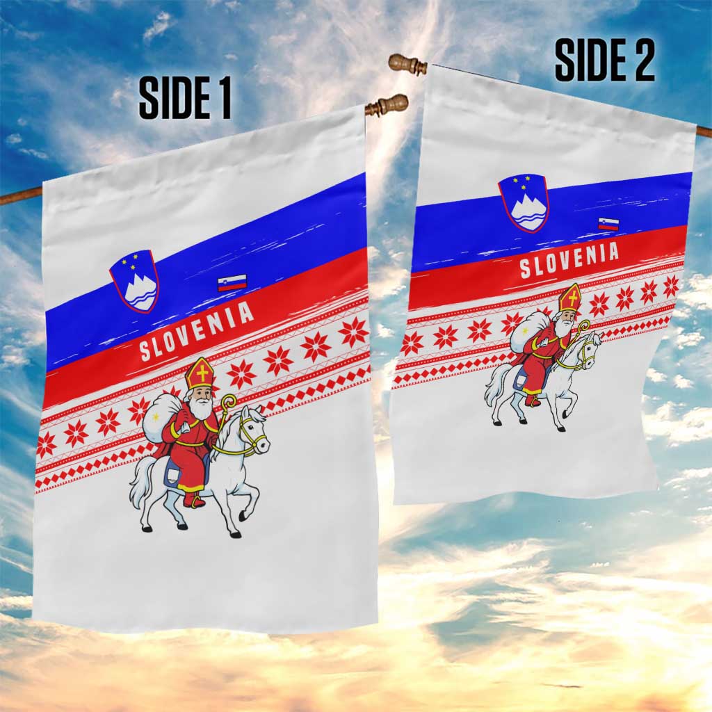Slovenia Christmas Garden Flag with Saint Nicholas White Horse Snowflake Pattern and National Flag Design - Wonder Print Shop