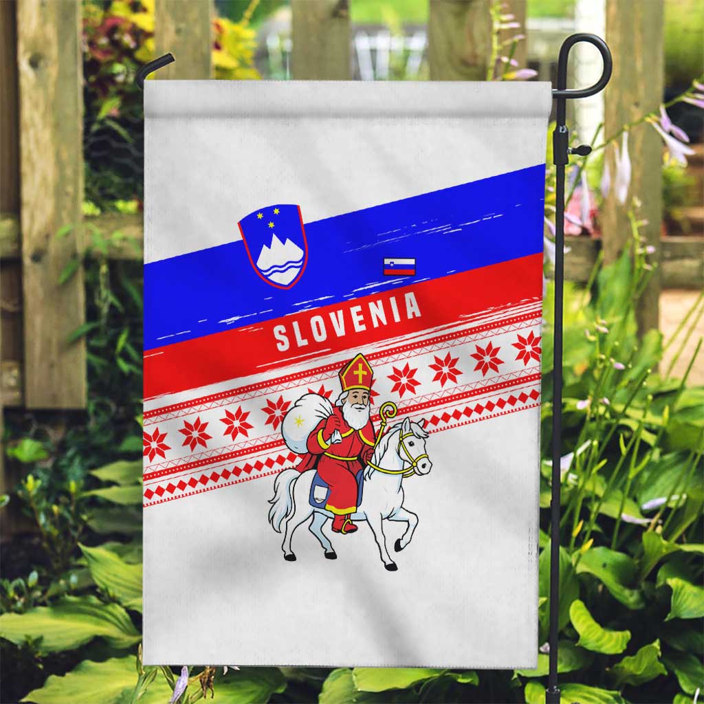 Slovenia Christmas Garden Flag with Saint Nicholas White Horse Snowflake Pattern and National Flag Design - Wonder Print Shop