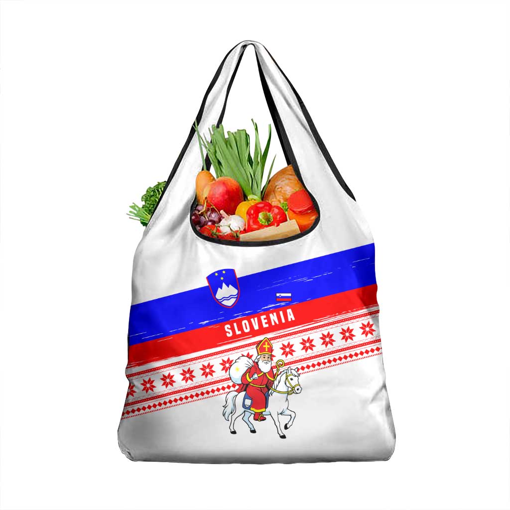 Slovenia Christmas Grocery Bag with Saint Nicholas White Horse Snowflake Pattern and National Flag Design - Wonder Print Shop