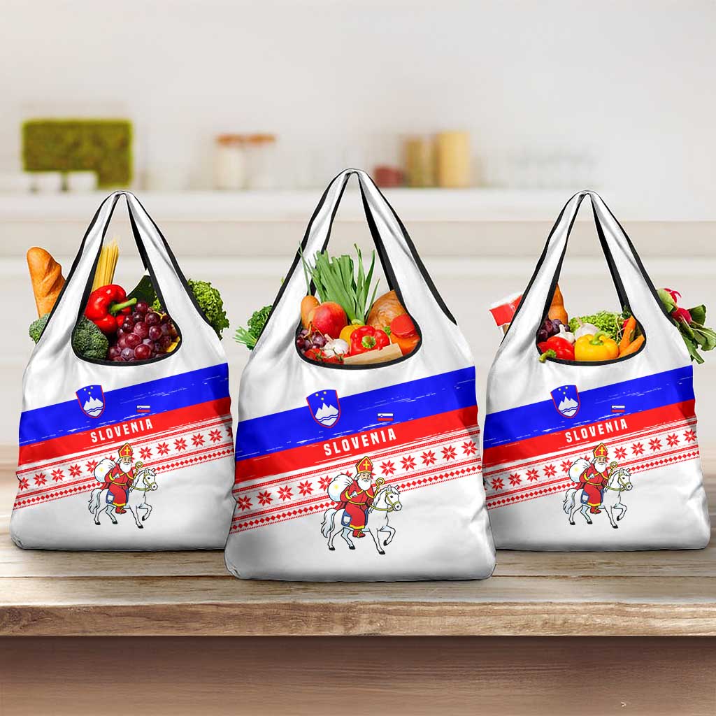 Slovenia Christmas Grocery Bag with Saint Nicholas White Horse Snowflake Pattern and National Flag Design - Wonder Print Shop