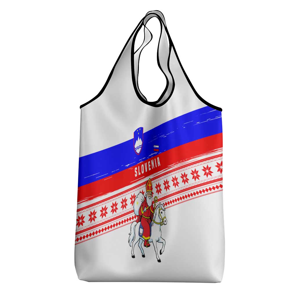 Slovenia Christmas Grocery Bag with Saint Nicholas White Horse Snowflake Pattern and National Flag Design - Wonder Print Shop