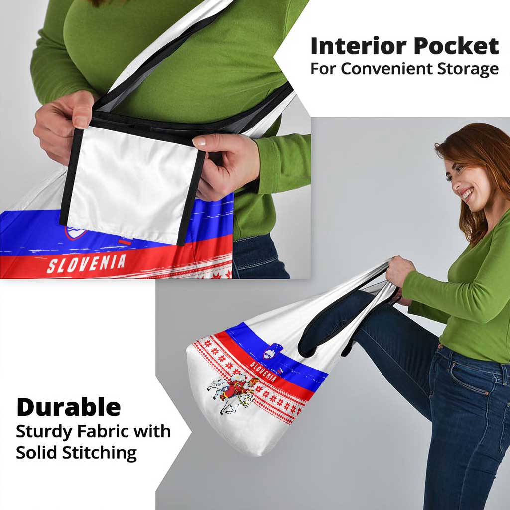 Slovenia Christmas Grocery Bag with Saint Nicholas White Horse Snowflake Pattern and National Flag Design - Wonder Print Shop