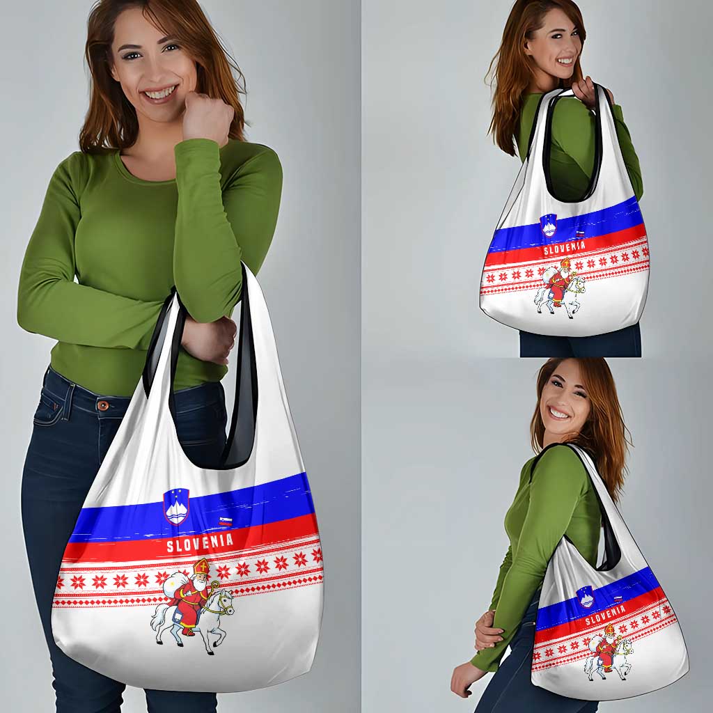 Slovenia Christmas Grocery Bag with Saint Nicholas White Horse Snowflake Pattern and National Flag Design - Wonder Print Shop