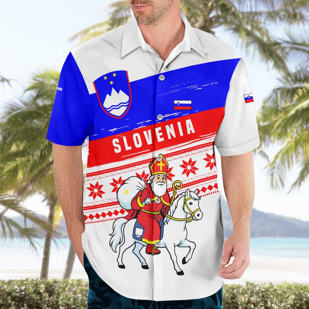 Slovenia Christmas Hawaiian Shirt with Saint Nicholas White Horse Snowflake Pattern and National Flag Design - Wonder Print Shop