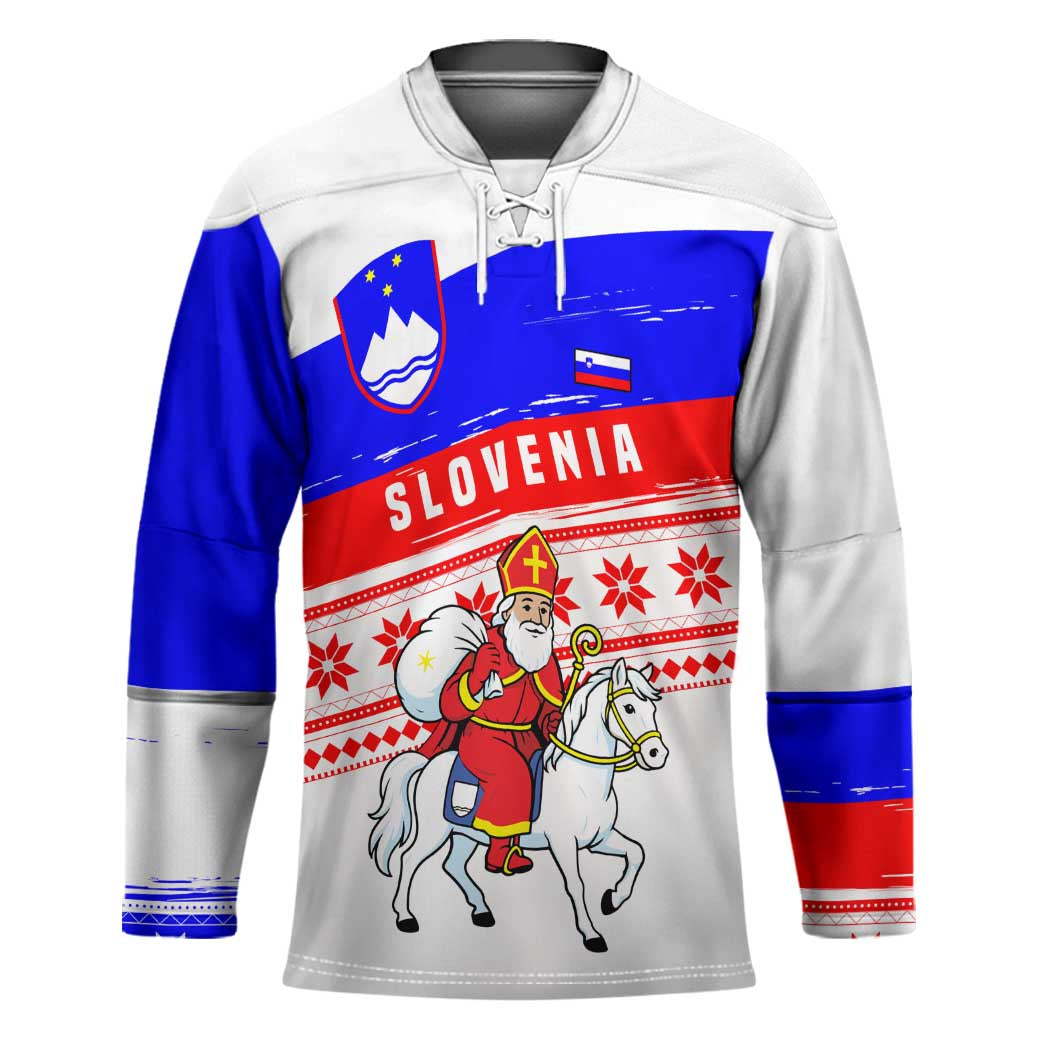Slovenia Christmas Hockey Jersey with Saint Nicholas White Horse Snowflake Pattern and National Flag Design - Wonder Print Shop