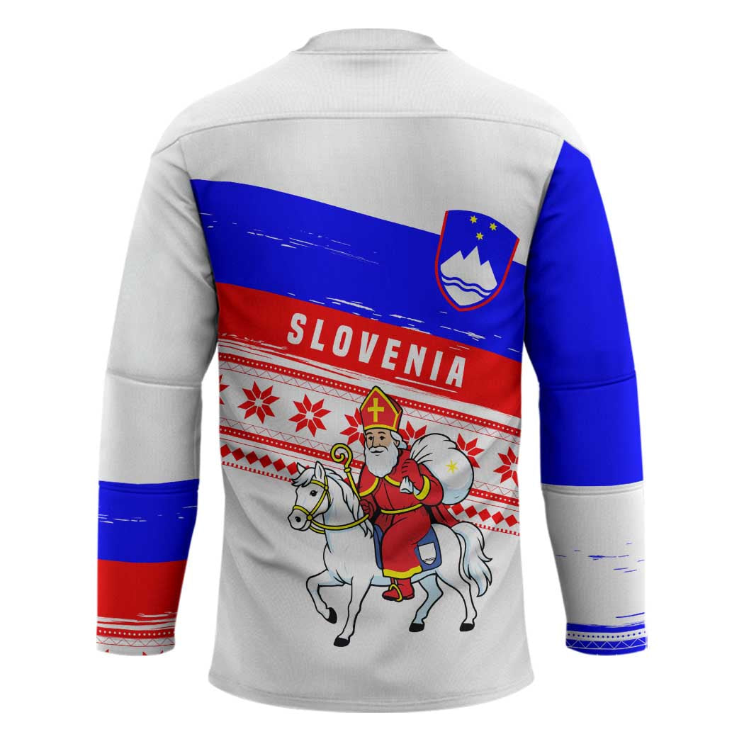 Slovenia Christmas Hockey Jersey with Saint Nicholas White Horse Snowflake Pattern and National Flag Design - Wonder Print Shop
