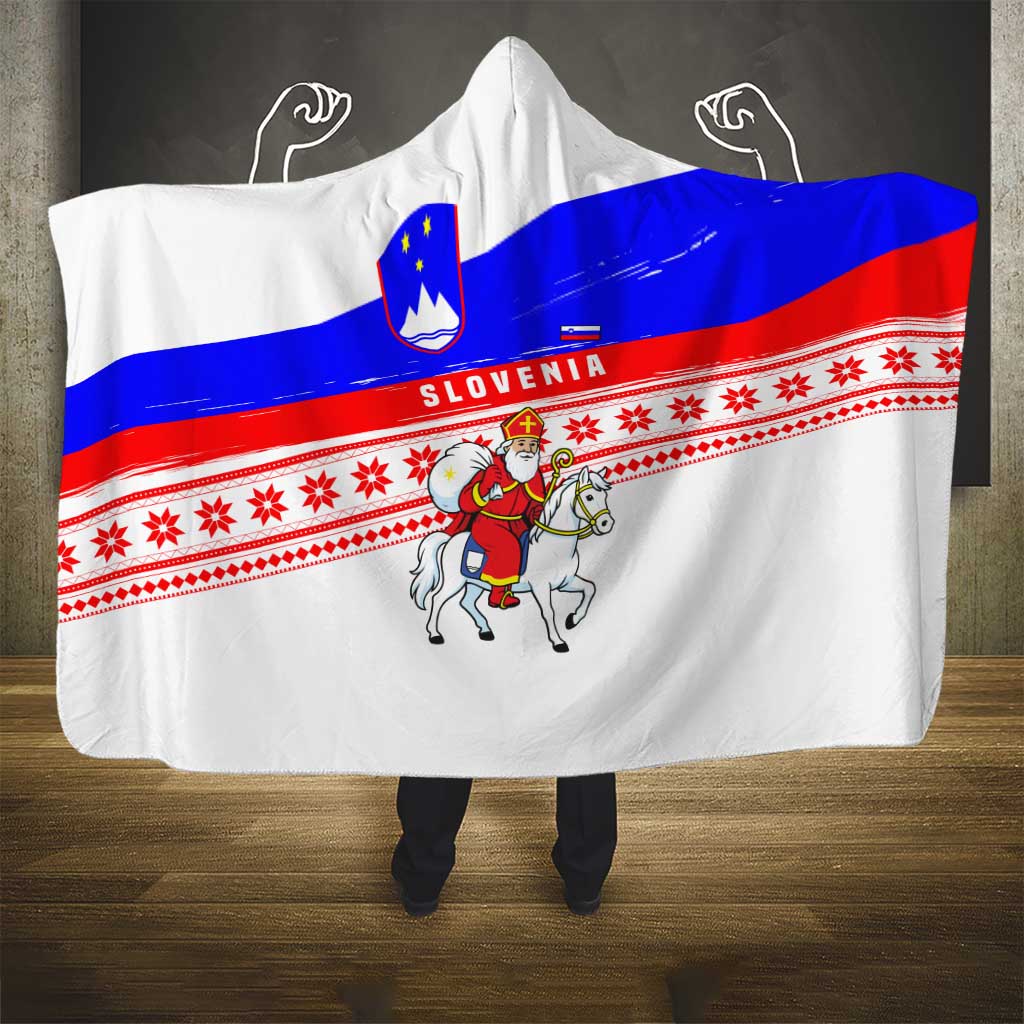 Slovenia Christmas Hooded Blanket with Saint Nicholas White Horse Snowflake Pattern and National Flag Design - Wonder Print Shop