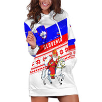 Slovenia Christmas Hoodie Dress with Saint Nicholas White Horse Snowflake Pattern and National Flag Design - Wonder Print Shop