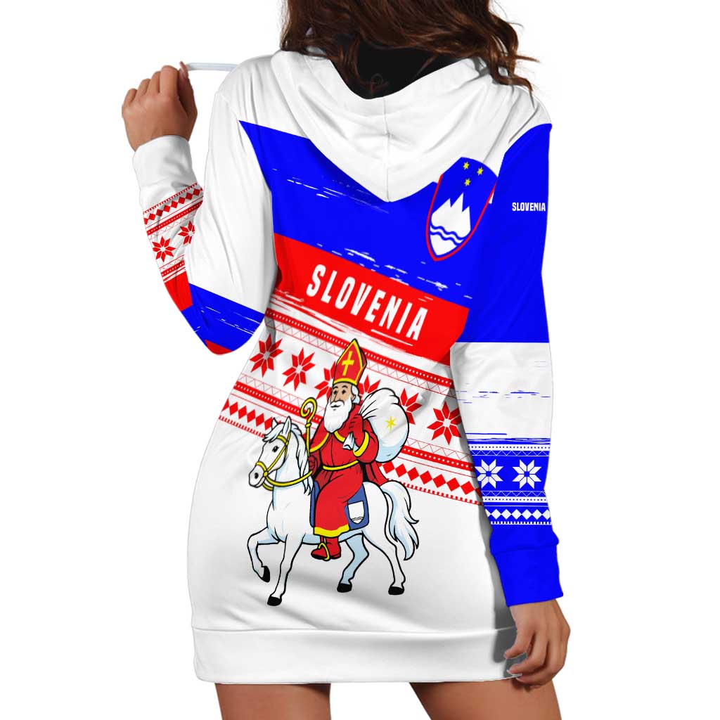 Slovenia Christmas Hoodie Dress with Saint Nicholas White Horse Snowflake Pattern and National Flag Design - Wonder Print Shop