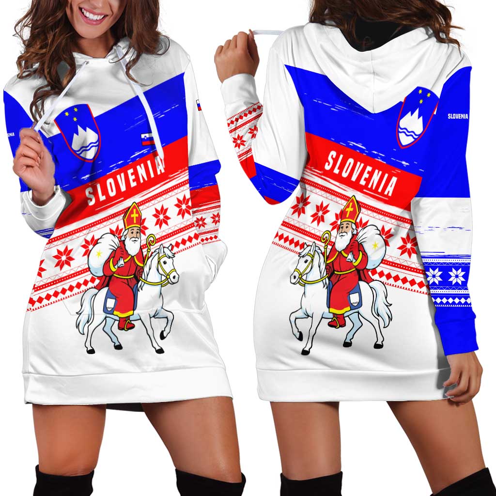 Slovenia Christmas Hoodie Dress with Saint Nicholas White Horse Snowflake Pattern and National Flag Design - Wonder Print Shop
