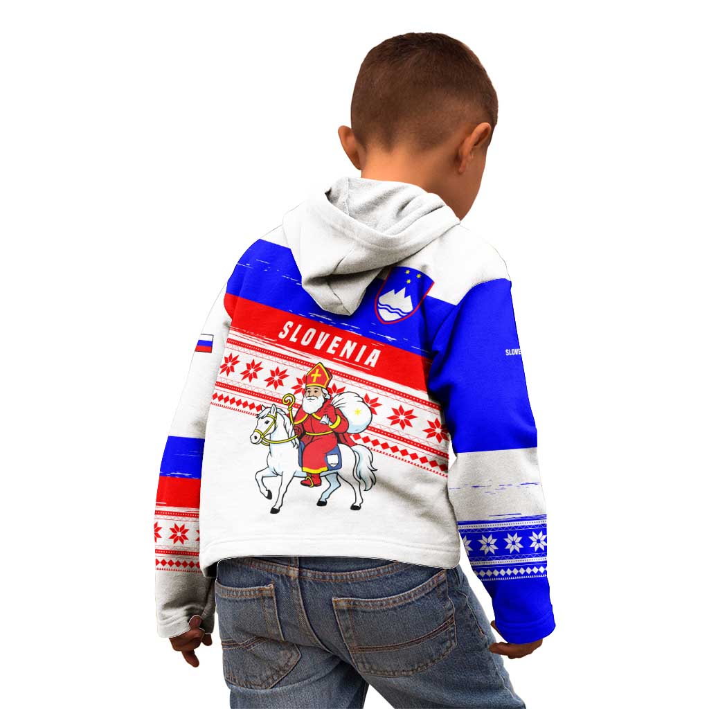 Slovenia Christmas Kid Hoodie with Saint Nicholas White Horse Snowflake Pattern and National Flag Design - Wonder Print Shop