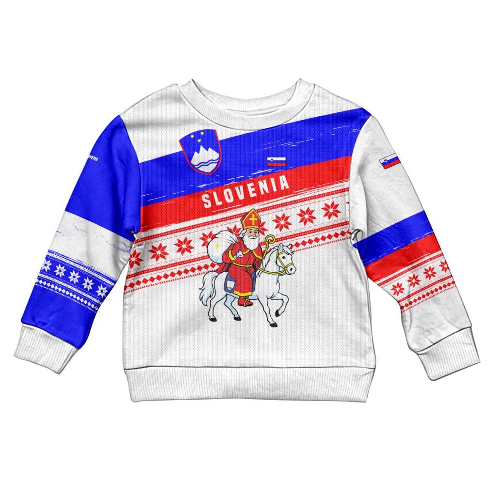 Slovenia Christmas Kid Ugly Christmas Sweater with Saint Nicholas White Horse Snowflake Pattern and National Flag Design - Wonder Print Shop