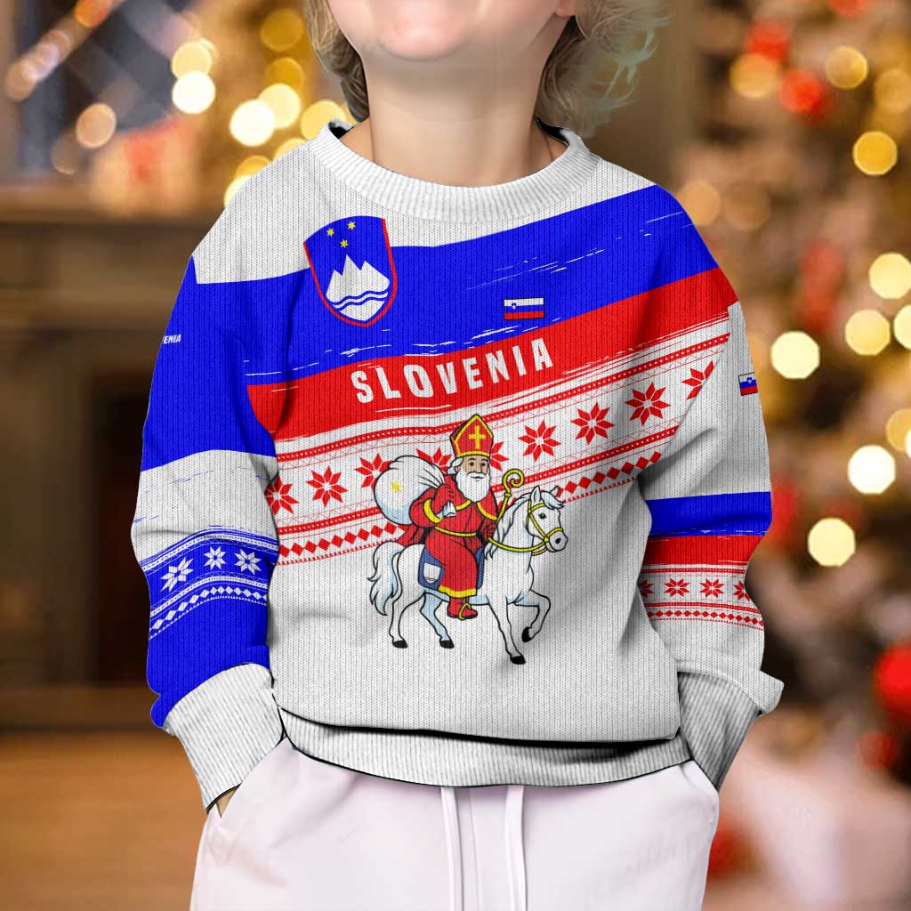 Slovenia Christmas Kid Ugly Christmas Sweater with Saint Nicholas White Horse Snowflake Pattern and National Flag Design - Wonder Print Shop