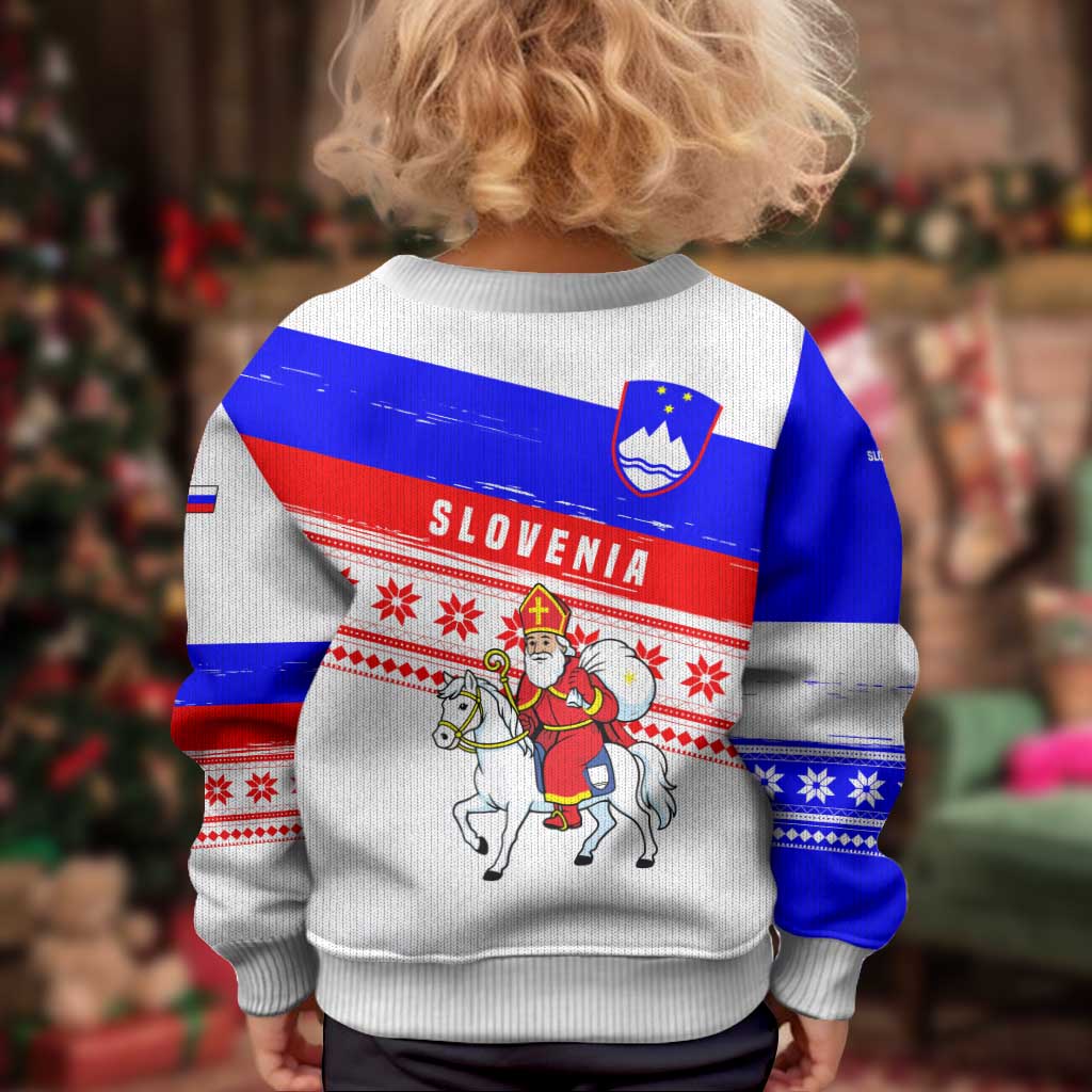 Slovenia Christmas Kid Ugly Christmas Sweater with Saint Nicholas White Horse Snowflake Pattern and National Flag Design - Wonder Print Shop