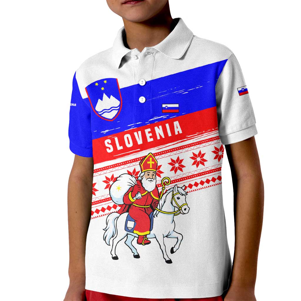 Slovenia Christmas Kid Polo Shirt with Saint Nicholas White Horse Snowflake Pattern and National Flag Design - Wonder Print Shop