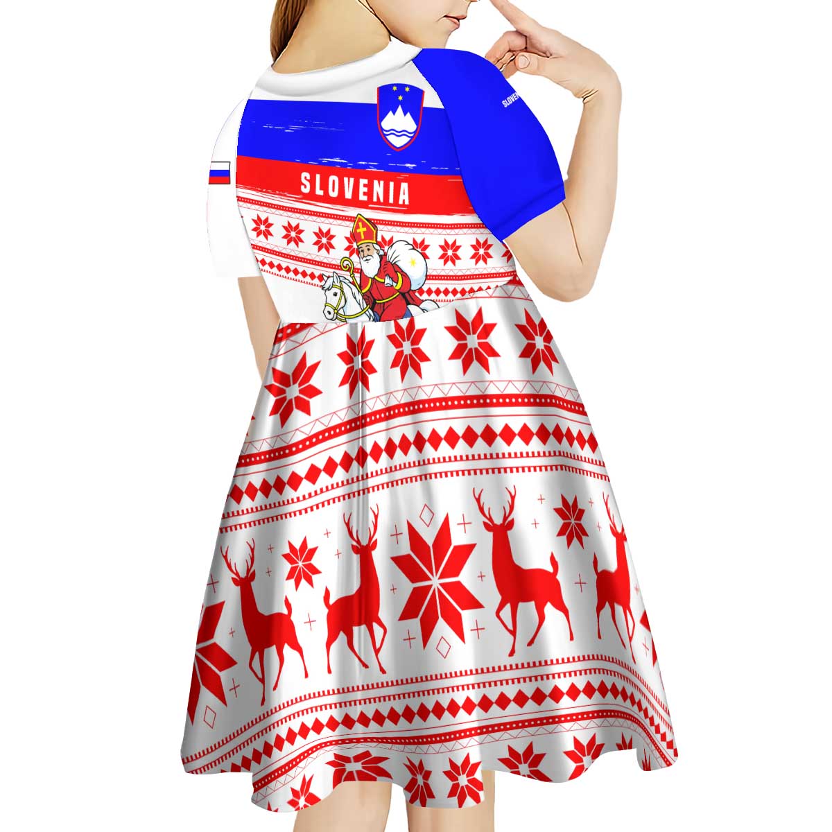 Slovenia Christmas Kid Short Sleeve Dress with Saint Nicholas White Horse Snowflake Pattern and National Flag Design - Wonder Print Shop