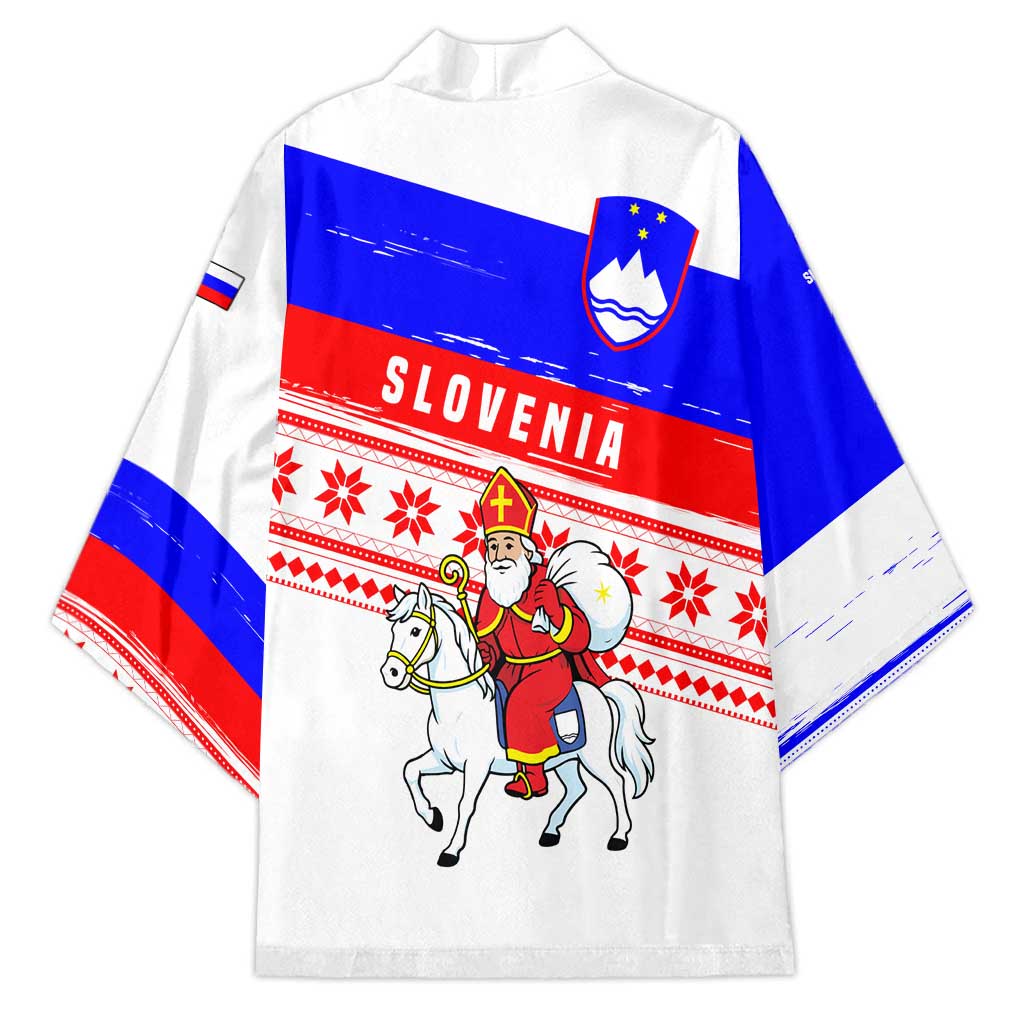 Slovenia Christmas Kimono with Saint Nicholas White Horse Snowflake Pattern and National Flag Design - Wonder Print Shop