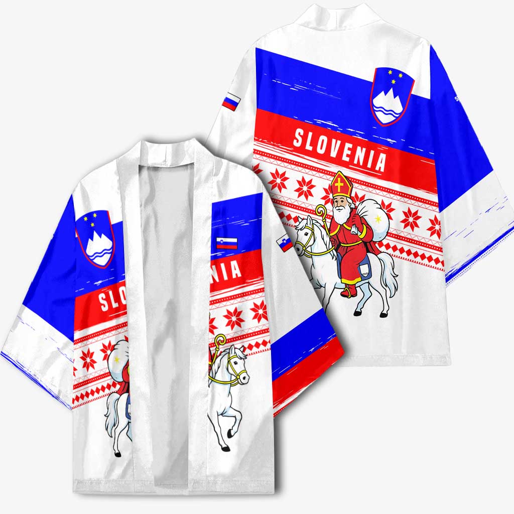 Slovenia Christmas Kimono with Saint Nicholas White Horse Snowflake Pattern and National Flag Design - Wonder Print Shop