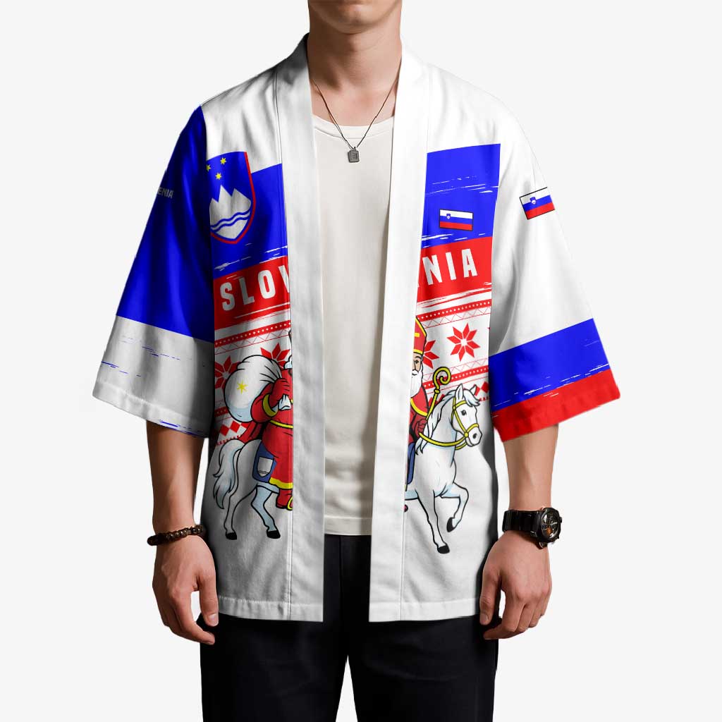 Slovenia Christmas Kimono with Saint Nicholas White Horse Snowflake Pattern and National Flag Design - Wonder Print Shop