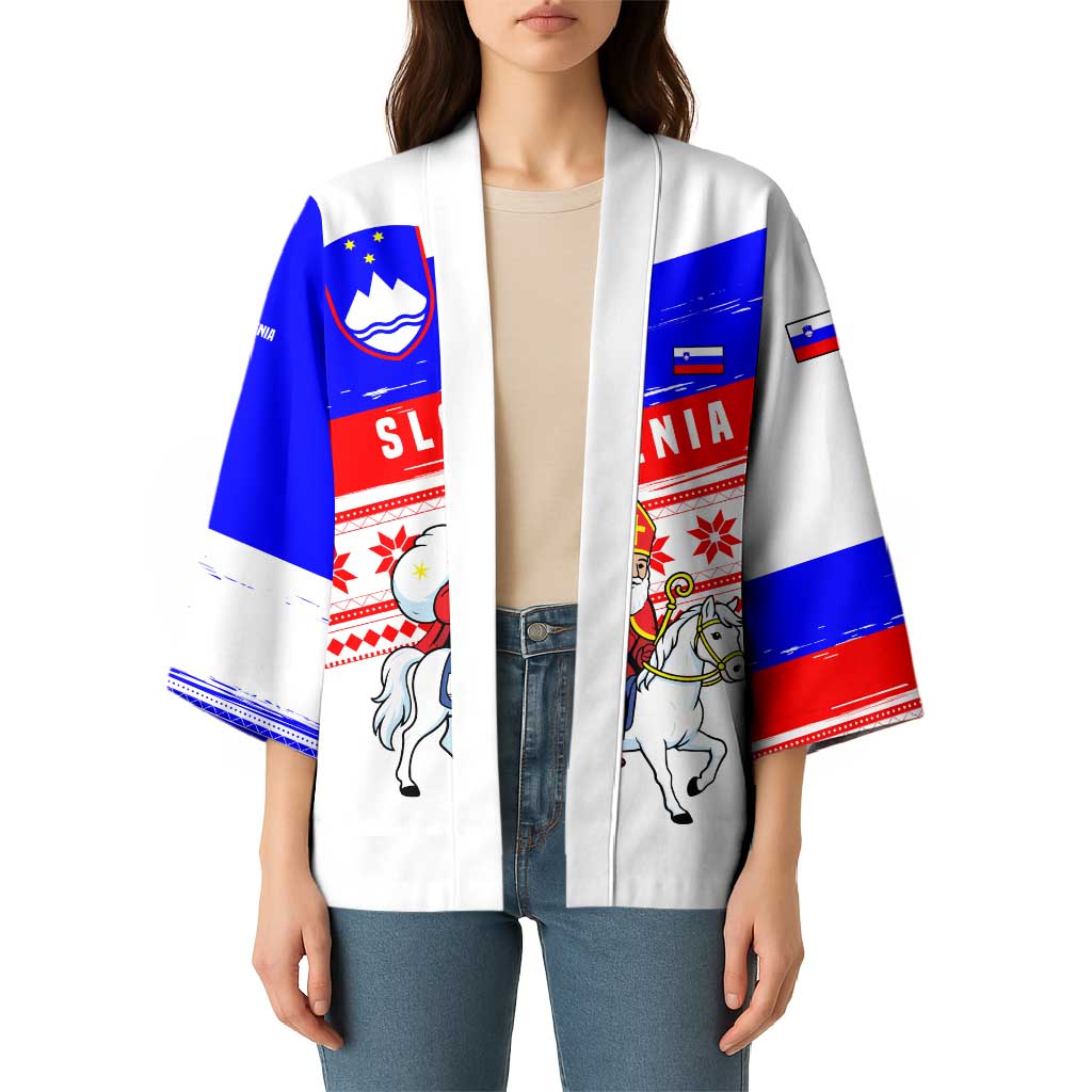 Slovenia Christmas Kimono with Saint Nicholas White Horse Snowflake Pattern and National Flag Design - Wonder Print Shop