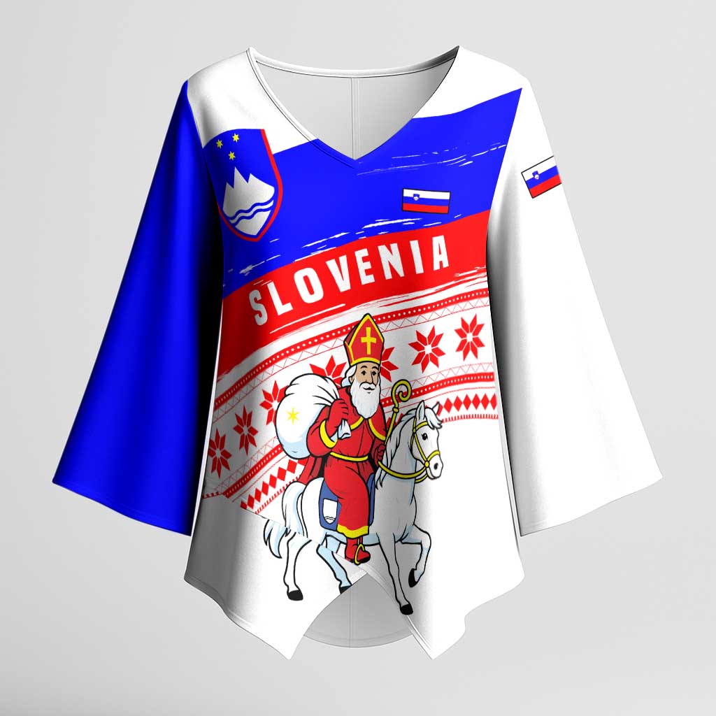 Slovenia Christmas Kimono Sleeve Blouse with Saint Nicholas White Horse Snowflake Pattern and National Flag Design - Wonder Print Shop