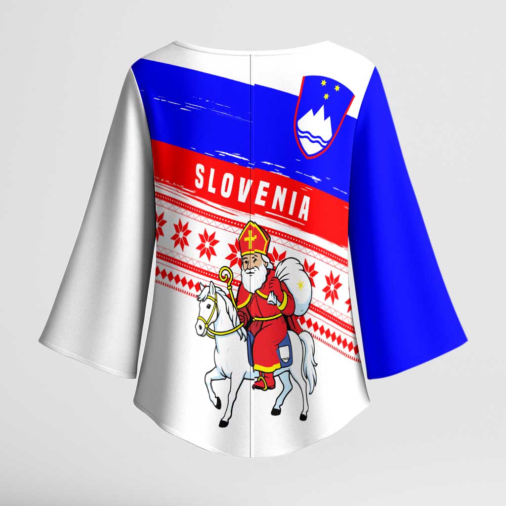Slovenia Christmas Kimono Sleeve Blouse with Saint Nicholas White Horse Snowflake Pattern and National Flag Design - Wonder Print Shop