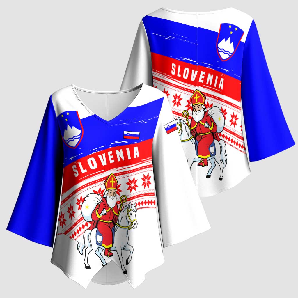 Slovenia Christmas Kimono Sleeve Blouse with Saint Nicholas White Horse Snowflake Pattern and National Flag Design - Wonder Print Shop