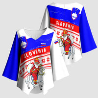 Slovenia Christmas Kimono Sleeve Blouse with Saint Nicholas White Horse Snowflake Pattern and National Flag Design - Wonder Print Shop
