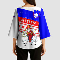 Slovenia Christmas Kimono Sleeve Blouse with Saint Nicholas White Horse Snowflake Pattern and National Flag Design - Wonder Print Shop
